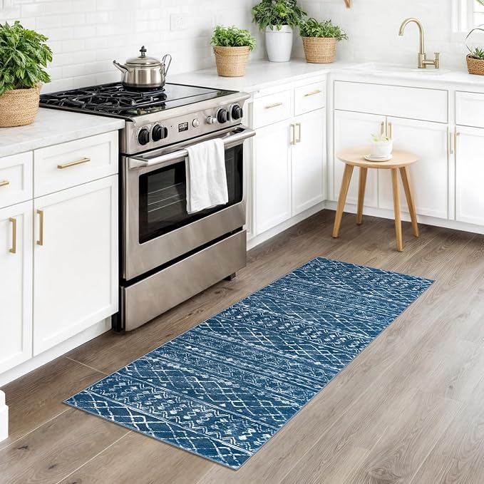 KUTA Boho Entryway Runner 2x5 ft Blue Moroccan Washable Kitchen Rug Non-Slip - Image 2