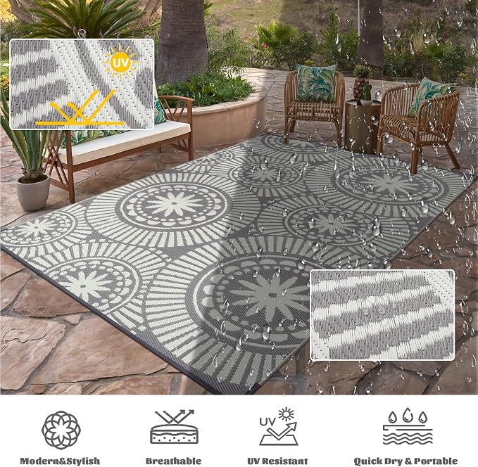 Ileading Outdoor Plastic Straw Rug 8x10ft Modern Geometric Style Reversible - Image 4