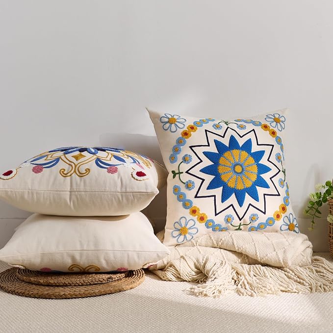 Embroidered Throw Pillow Cover 22x22 Classic Boho Floral Pattern Pillows Cover - Image 6