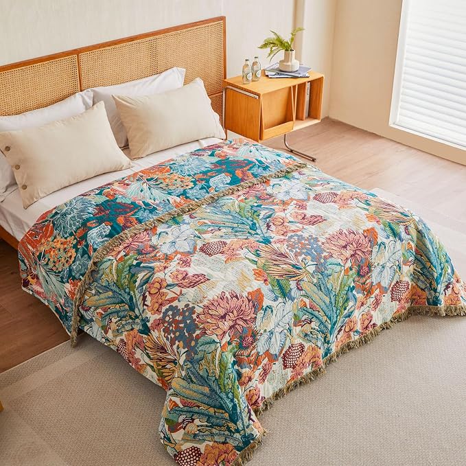 MSGKV Boho Throw Blanket for Bed Twin Size 100% Cotton Floral Blanket 60"x80" - Image 5