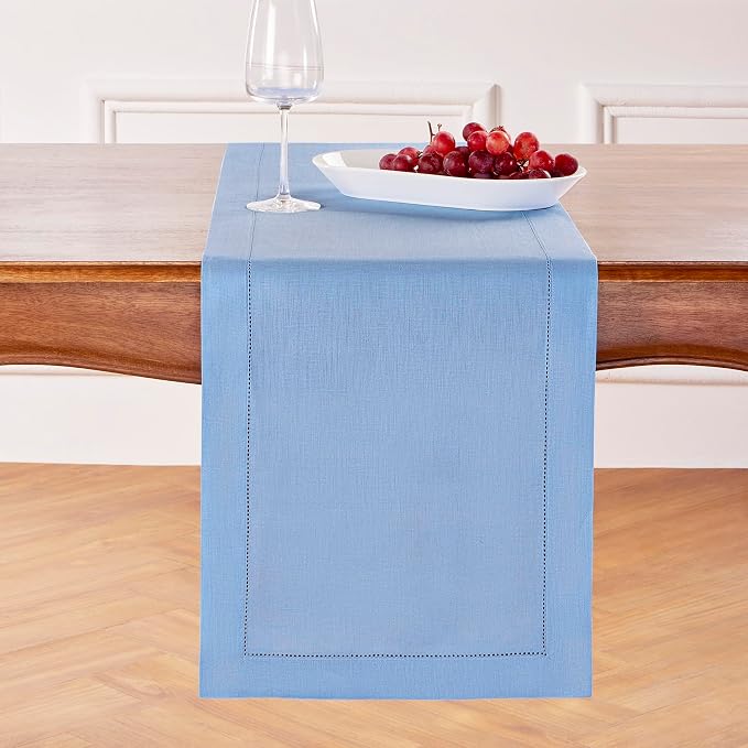 Solino Home Linen Cornflower Blue Hemstitch Table Runner 48 Inches by SolinoHome