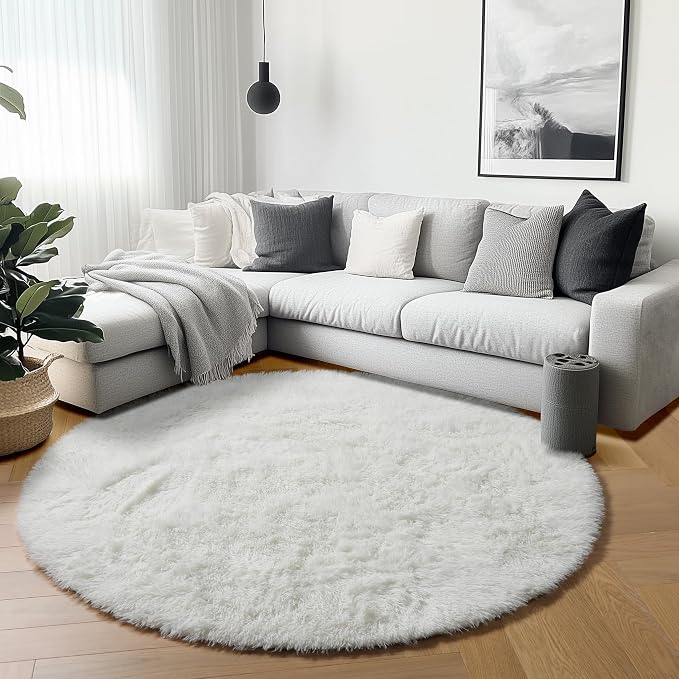 ONASAR Cream White Round Area Rugs 6ft, Fluffy Soft Bedroom Circle Rug Floor Mat - Image 3