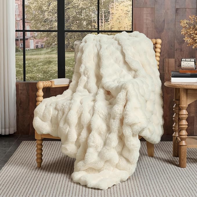 Lotus Karen Faux Fur Throw Blanket Cream White - Image 3