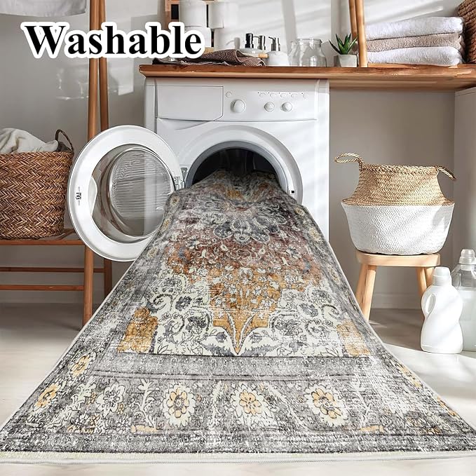 Area Rug 6x9 Washable Rug Brown Grey Vintage Traditional Distressed Thin Retro - Image 3