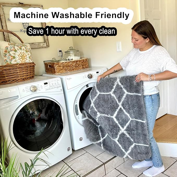ONASAR Area Rugs for Living Room Bedroom, 5x8 Washable Fluffy Grey and White Rug - Image 5
