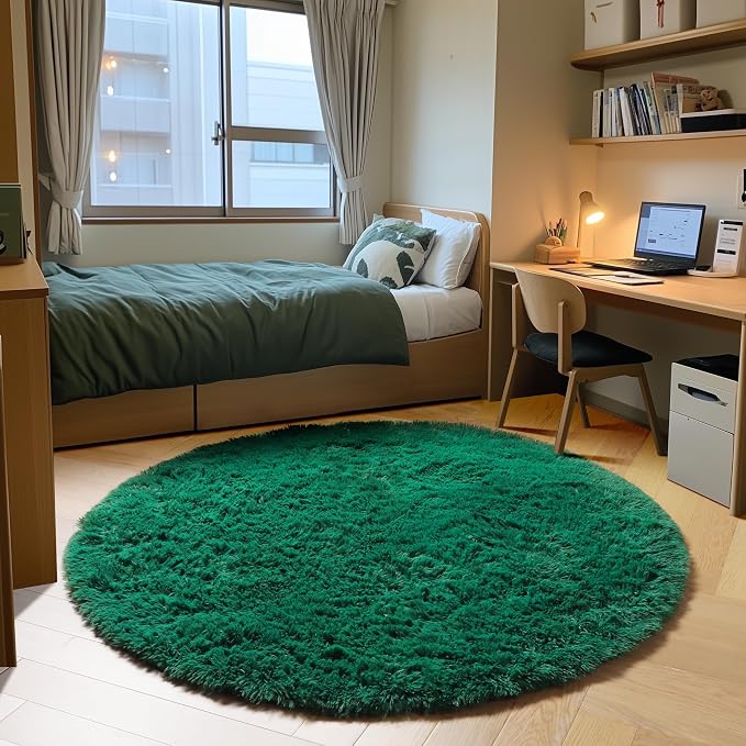 ONASAR Dark Green Round Area Rug 4x4, Soft Bedroom Circle Rugs by ONASAR