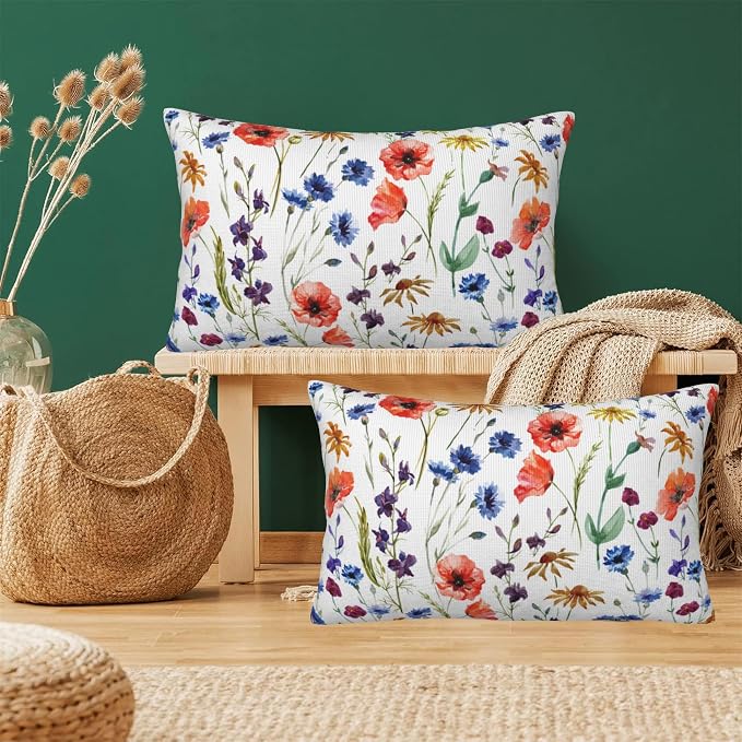 Wildflowers Throw Pillow Covers Set of 2 Watercolor Poppy Pillow Covers 20x12 - Image 6