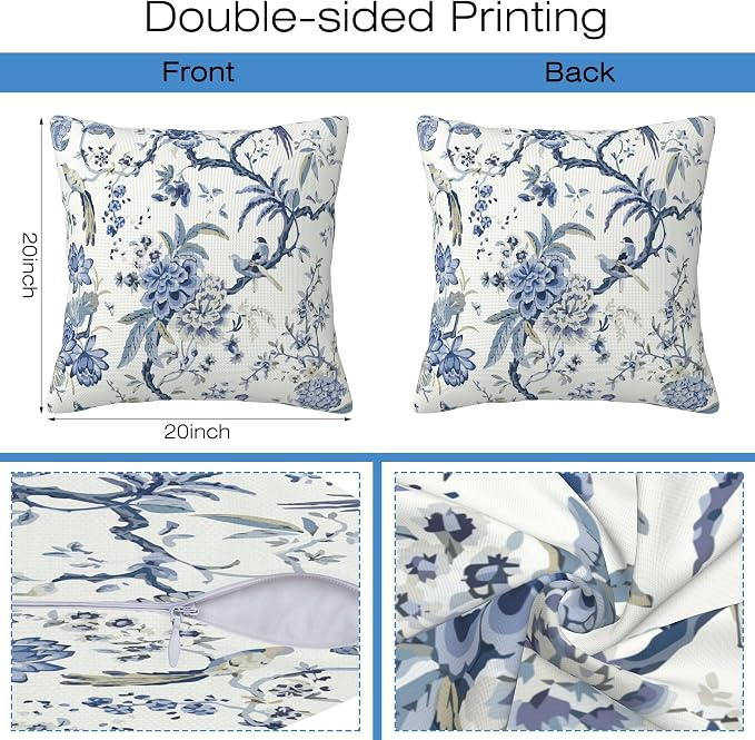 Chinoiserie Throw Pillow Cover Case Blue White Flowers Throw Pillows Set of 2 - Image 2