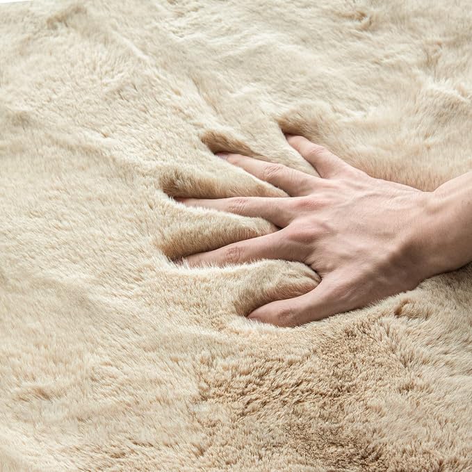 Beige Plush Faux Rabbit Shaggy Fur Rugs - Image 4