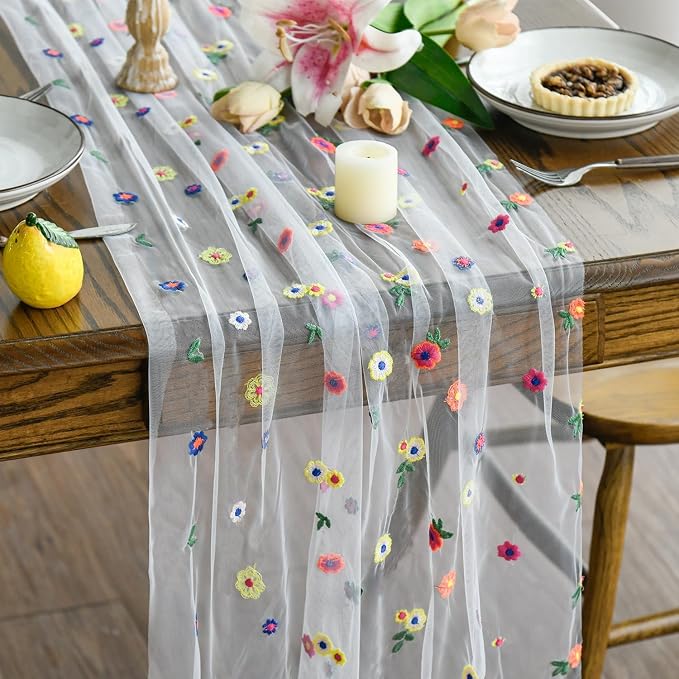Artoid Mode Embroidery Daisy Gauze Table Runner 120 Inch 10FT, Seasonal Sheer by ArtoidMode