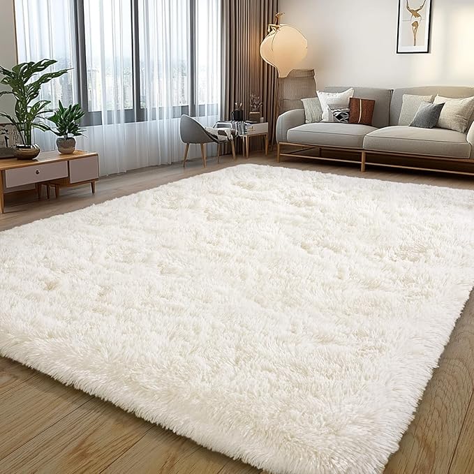 Cream White Plush Rug for Living Room Fuzzy Carpet for Bedroom Dorm, Non-Slip - Image 3