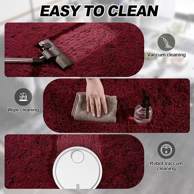 Burgundy Plush Rug for Living Room Fuzzy Carpet for Bedroom Dorm, Non-Slip High - Image 7