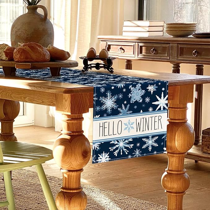Christmas Table Runner 13x72 Inch Blue White Snowflakes Hello Winter Kitchen - Image 3