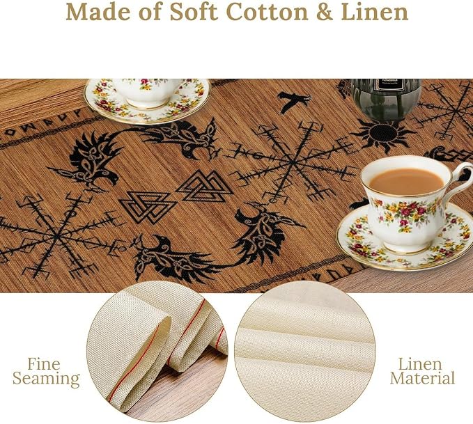 Viking Table Runners, Viking Tree of Life Raven Helmet of Awe Wood Print Table - Image 4