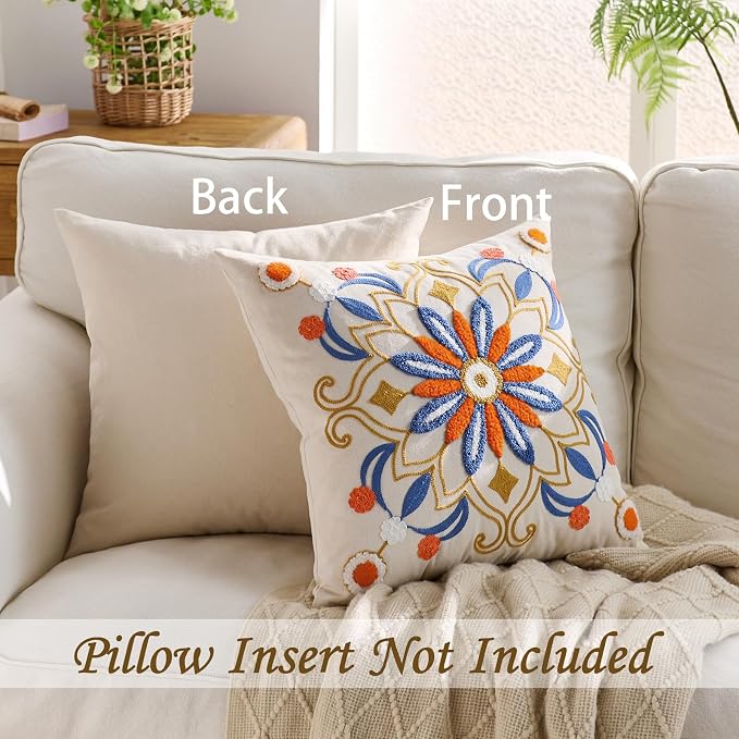 Embroidered Throw Pillow Cover 22x22 Classic Boho Floral Pattern Pillows Cover - Image 4