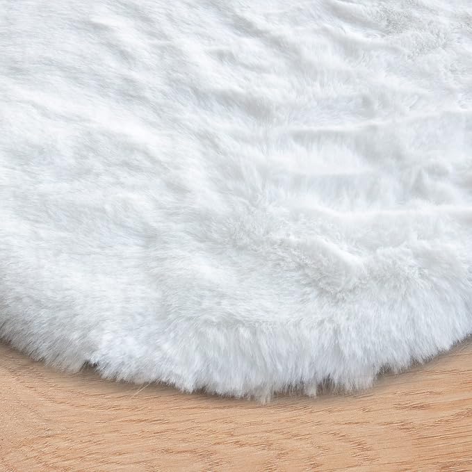 White Shag Round Rugs 8ft for Dining Room Table Faux Bunny Machine Washable Fur - Image 9
