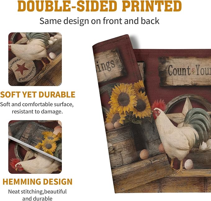Farmhouse Rooster Placemats Set of 4 Farm Animal Chicken Place Mats 12x18 Inch - Image 5