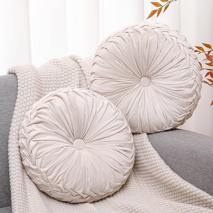 2 Pcs Round Throw Pillows 15 Inch Decorative Velvet Pleated Pumpkin Floor Boho - Image 8