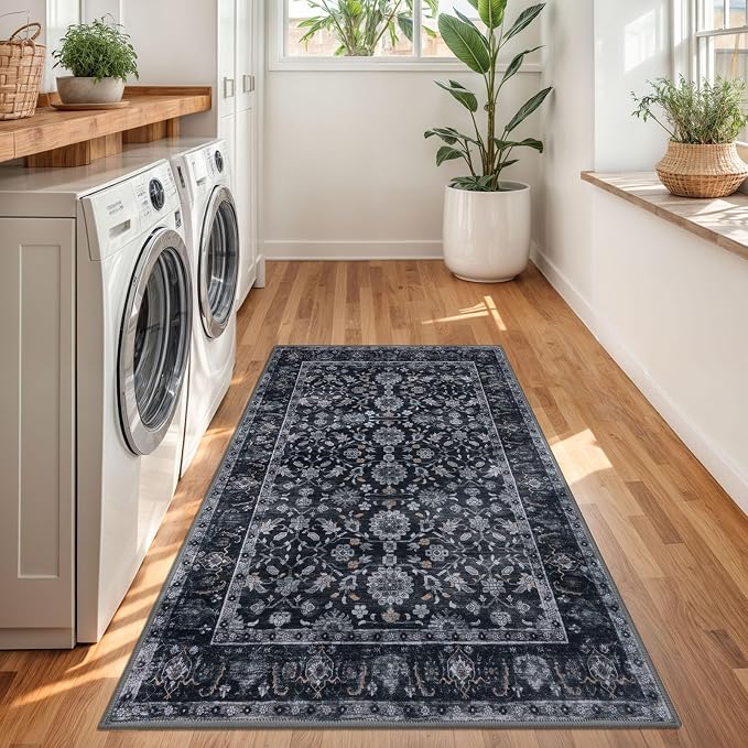 KUTA 3x5 Rugs for Entryway, Vintage Floral Area Rug Washable Non-Slip Black - Image 3