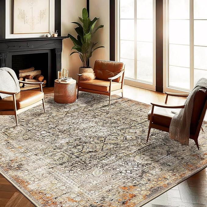 Area Rug 9'x12' Washable Vintage Traditional Mat Distressed Indoor Foldable by CHAMPLANT