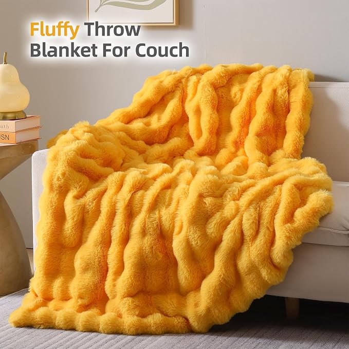 Smoofy Faux Fur Throw Blanket for Couch – Mustard Yellow Fluffy Cozy Rabbit - Image 3