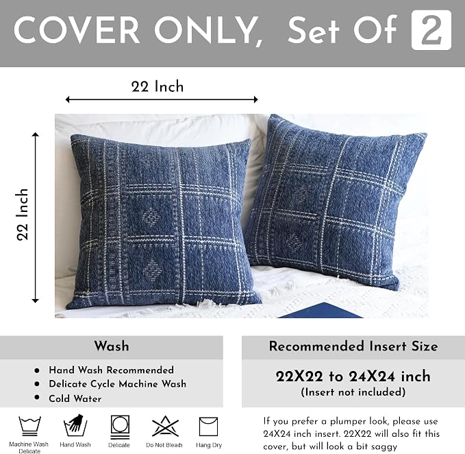 BlissBlush Dark Blue Decorative Throw Pillow Covers 22X22, Boho Farmhouse - Image 3