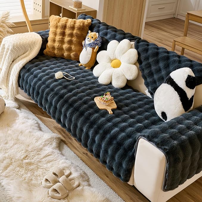 Faux Fur Couch Cover Fuzzy Soft Plush Thick Bubble Sofa Cover Luxury Sectional - Image 4