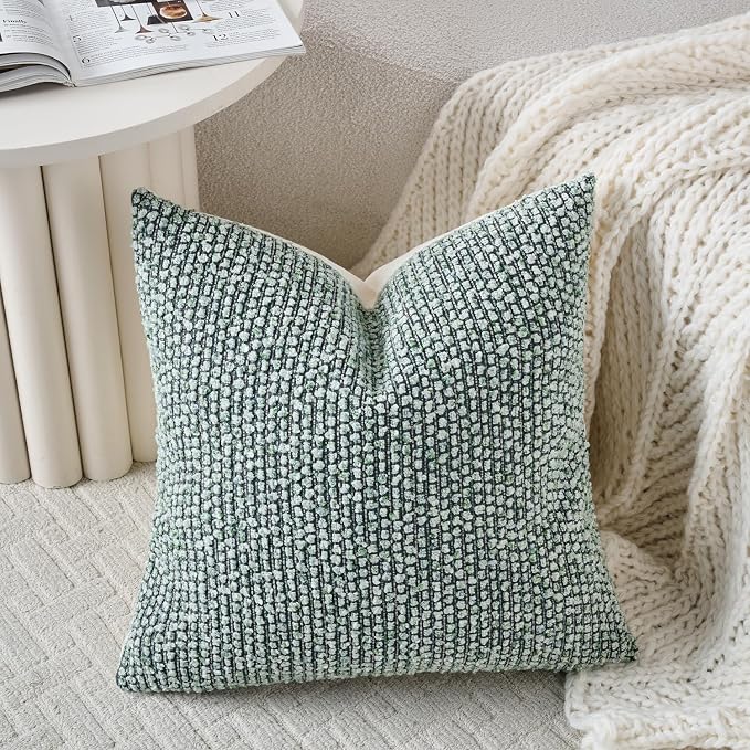 Striped Throw Pillow Covers 16x16 Set of 2 Green Textured Boucle Chic Morden - Image 4