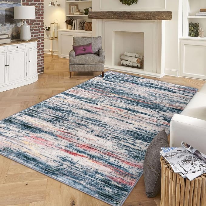 5x7 Modern Area Rug for Bedroom, Teal Blue Peach Gray Multi Large Teal Blue by SiiloomRug