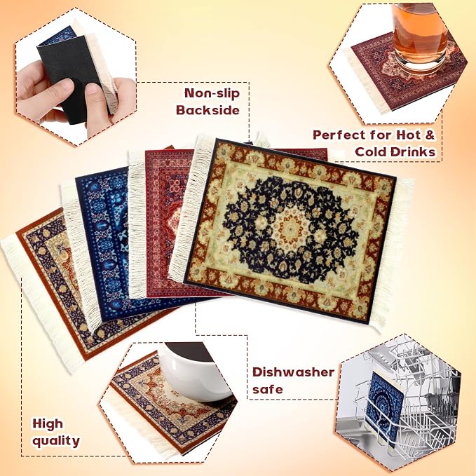 4 Pieces Rug Table Coasters Table Drink Holders Oriental Design Fabric Carpet - Image 4