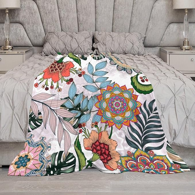 Boho Flowers Blanket for Women Girls, Rustic Bohemian Mandala Palm Leaves - Image 7