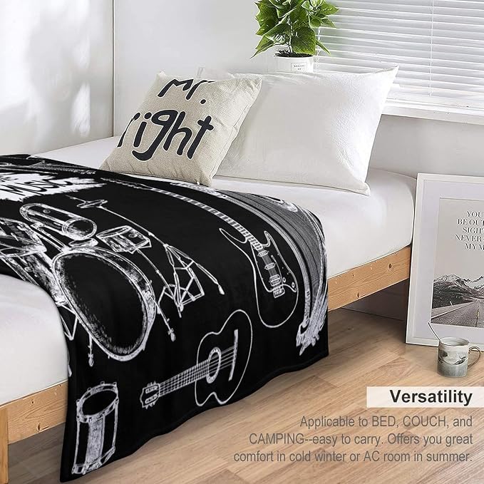 Music Blanket Drums Piano Guitar Black White Abstract Art Printed Soft Cozy - Image 3