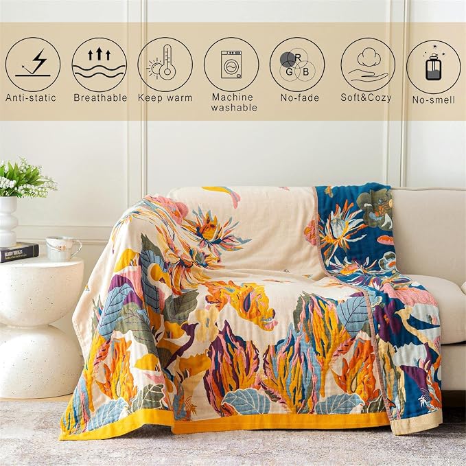 MSGKV Boho Throw Blanket for Couch 100% Cotton Throw Floral Bed Blanket - Image 3