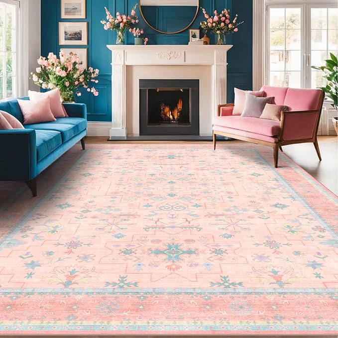Washable Pink and Blue 7x9 Boho Rugs - Image 6
