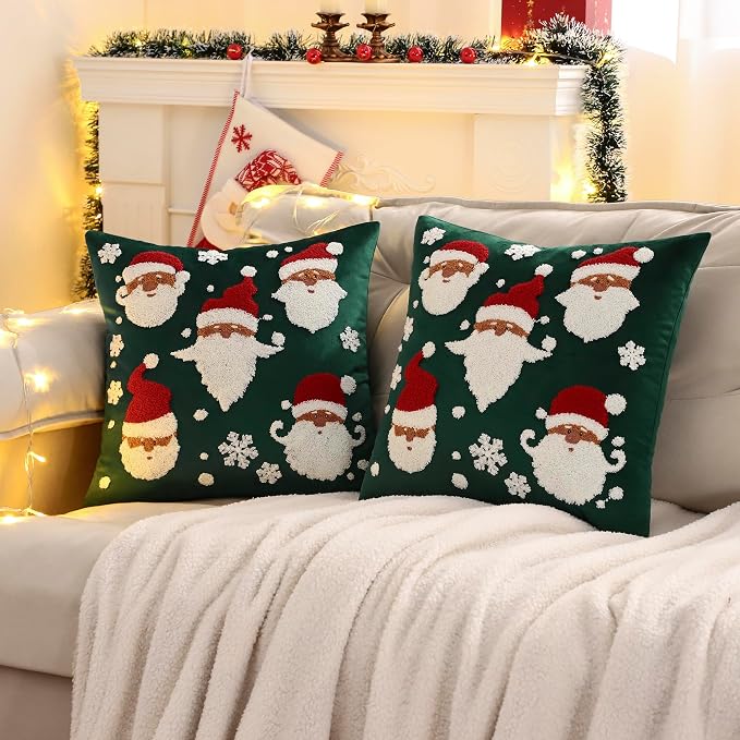 LUOYEHK Christmas Santa Claus Pillow Covers 18x18 Set of 2 Velvet Green Pillow - Image 2