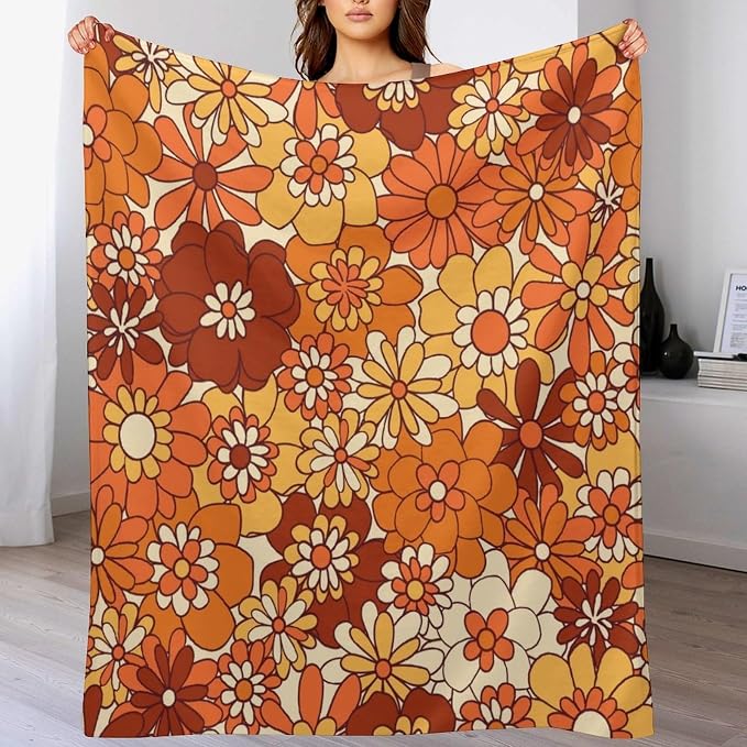 Vintage 70s Throw Blanket, Boho Hippie Bright Orange Flowers Groovy Abstract - Image 8