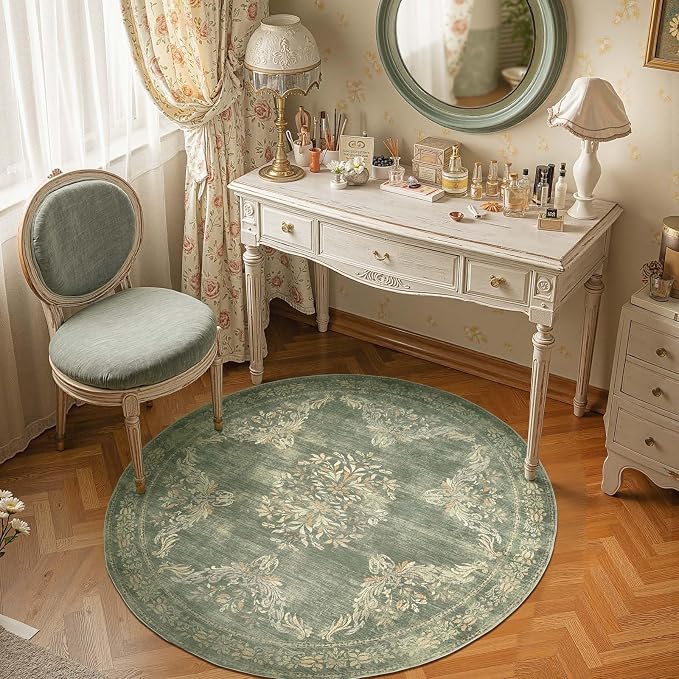 jinchan Round Rug 5ft Area Rugs Vintage Floral Distressed Design Machine - Image 9