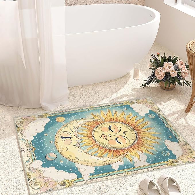 2x3 Sun and Moon Entryway Area Rug Blue Yellow Hippie Celestial Bathroom Rug by Unknown