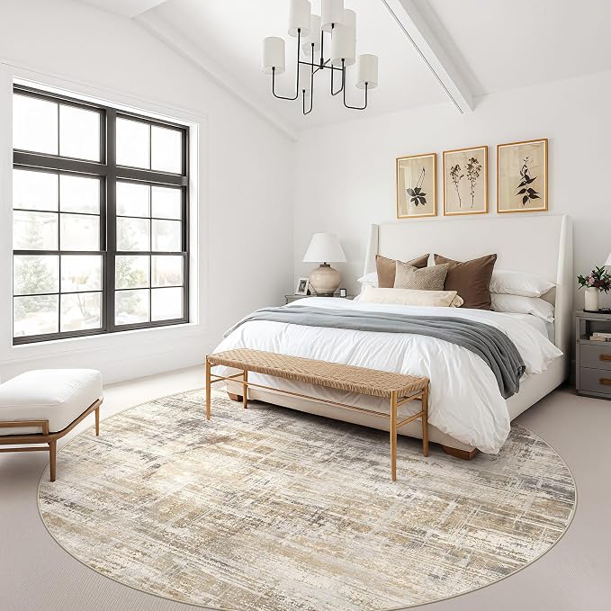 8ft Round Area Rug for Living Room: 8x8 Washable Neutral Abstract Modern Soft - Image 2