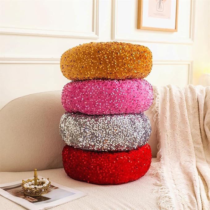 Round Throw Pillow, 13.7" Soft Glitter Sequin Pleated Pumpkin Decorative Round - Image 4