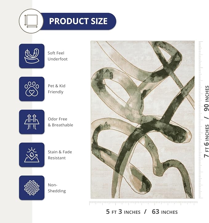 Abani Beige Cream Green Graffiti Washable Area Rug – 5' x 8' – Abstract - Image 5