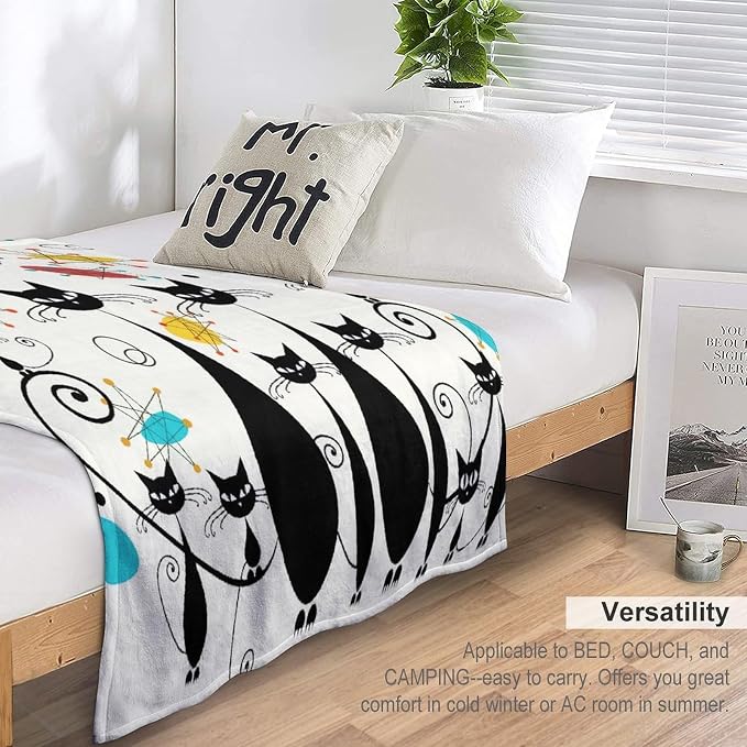 Mid Century Modern Throw Blanket, Atomic Black Cat Starbursts Iconic Sputnik - Image 5