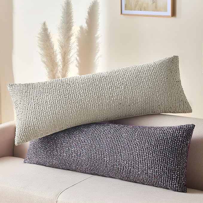 Decorative Lumbar Pillow Cover 14x36 Cream Gray Striped Wool Long Body Pillow - Image 5