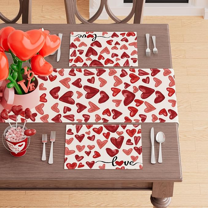 XCHI Watercolor Red Love Hearts Valentine’s Day Placemats Set of 4 Table Mats - Image 3