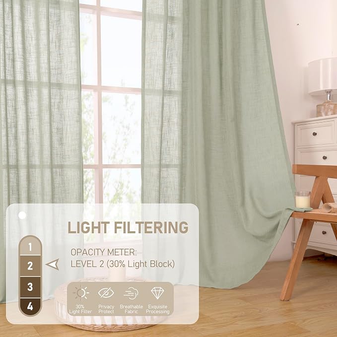 LAMIT Sage Grey Semi Sheer Linen Curtains 45 Inches Long 2 Panels, Light - Image 4