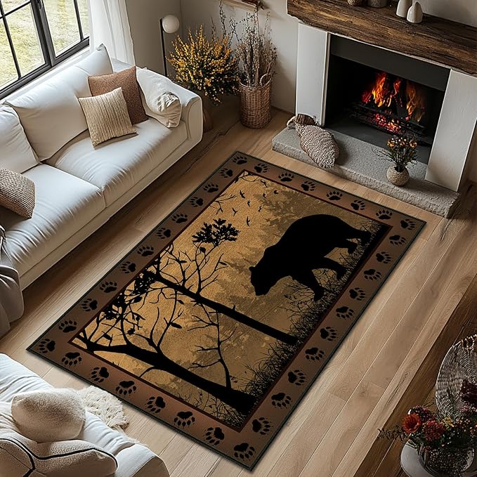 Rustic Area Rug 5x7, Bear Country Cabin Wildlife, Ultra-Thin Washable Throw by Unknown