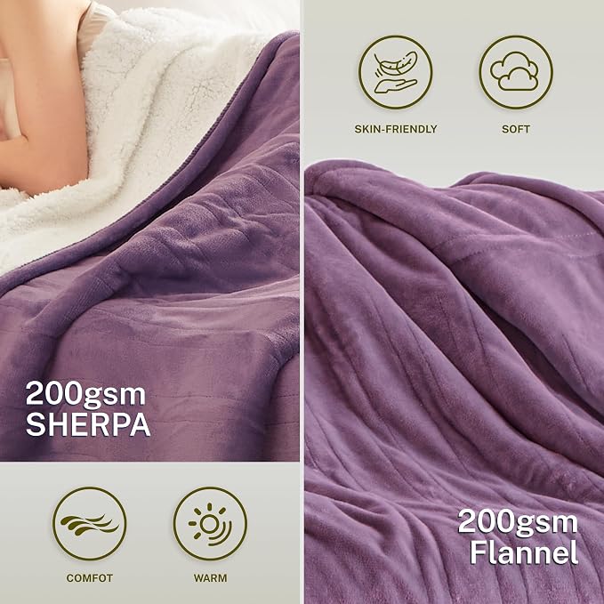 Heat Blanket 50”x60” Throw, Soft Flannel & Sherpa Reversible Electric Blanket - Image 3