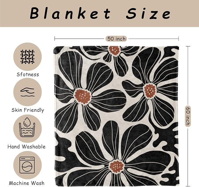 HIWX Boho Abstract Floral Blanket, Modern Abstract Boho Black Flower Throw - Image 7