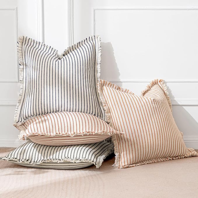 MIULEE Pack of 2 Orange Pillow Covers 18x18 Inch Striped Farmhouse Couch Throw - Image 3
