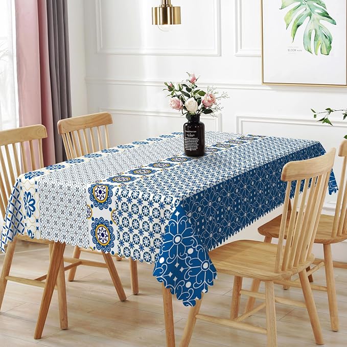 70x140inches Boho Rectangle Tablecloth Blue Floral Printed Bohemian Table Cloth by TTQYFNM